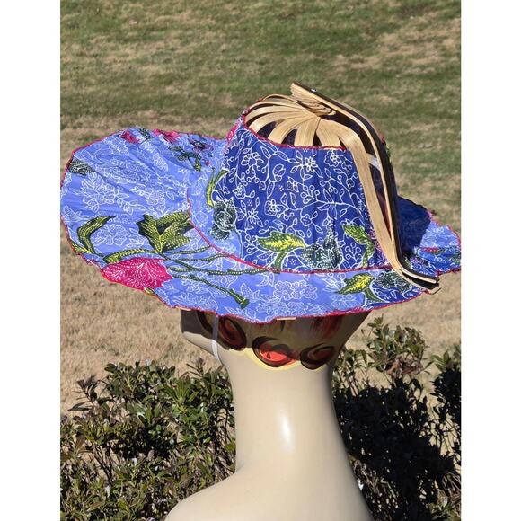 VTG Collapsible Bamboo Travel Hat Folding Packable Sun Hat Blue Floral Batik - Picture 8 of 11
